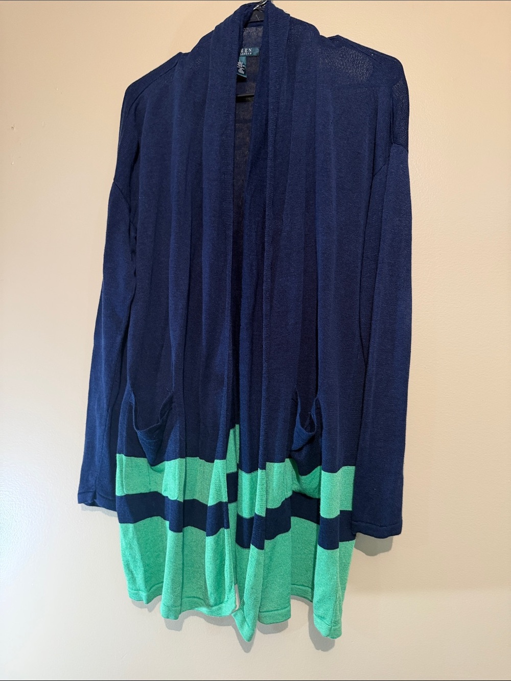 Ralph Lauren Navy and Green Striped Open-Front Cardigan